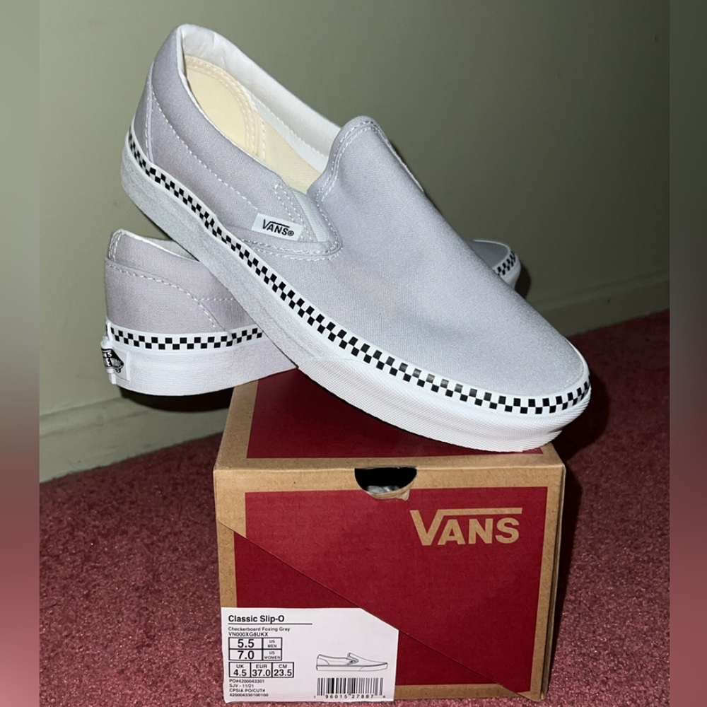 Vans Slip-On in Light Gray with Black-and-White Checkerboard Trim